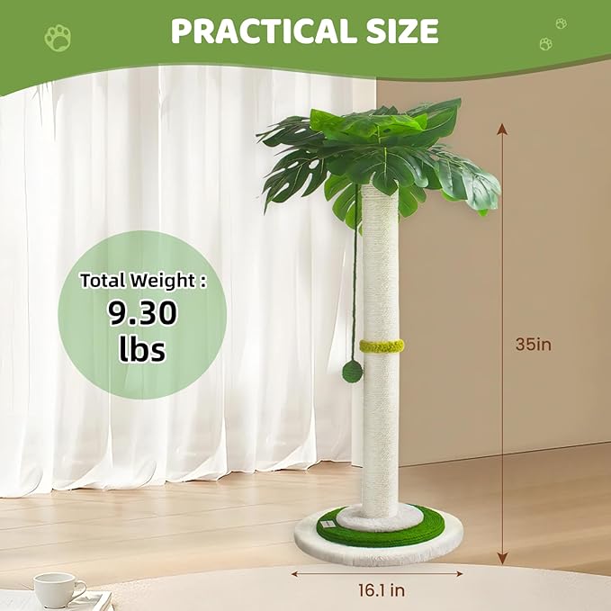 Meowoou Cat Scratching Post for Space-Saving,35โ Tall Modern Monstera 3 Layer Cat Tree Tower with Sisal Rope Hanging Interactive Ball for Indoor Cats and Kitten Climbing,Play & Rest