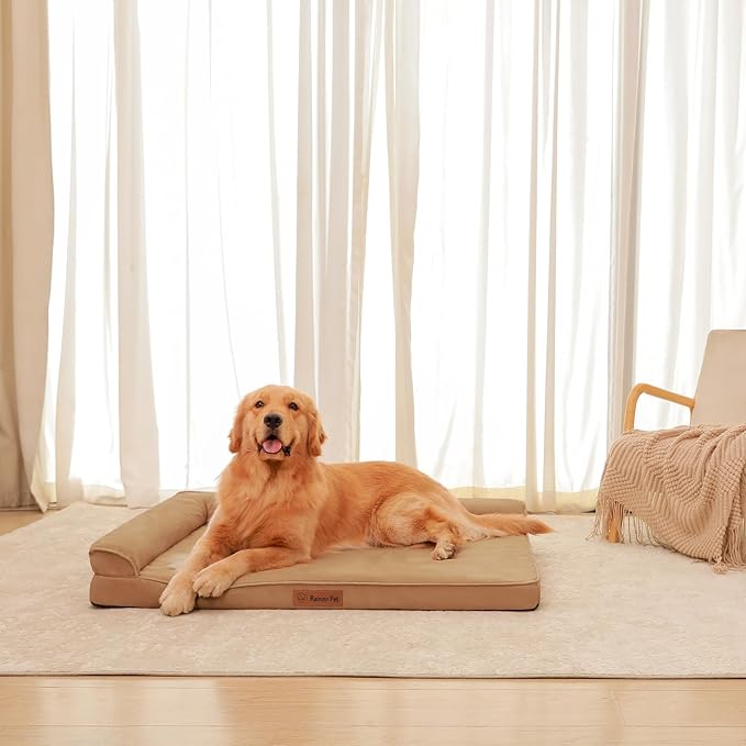 Orthopedic Dog Bed for Large Dogs, 36"x27"x6" Memory Foam Pet Bed with Washable Microsuede Cover, TPU Waterproof Liner & Nonskid Bottom, for Indoor, Outdoor, Crate & Car Use, Khaki