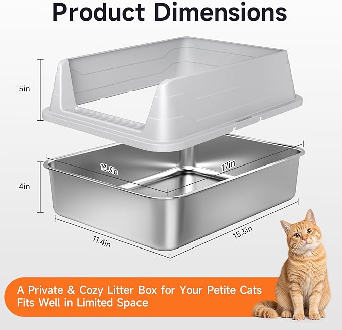 Stainless Steel Cat Litter Box, Odor Free Metal Litter Box with High Sides Lid, Open Top Low Entry Litter Pan Include Scoop Easy Cleaning Anti-Scratch Kitty Cat Box Anti-Urine Leakage, Non-Sticky