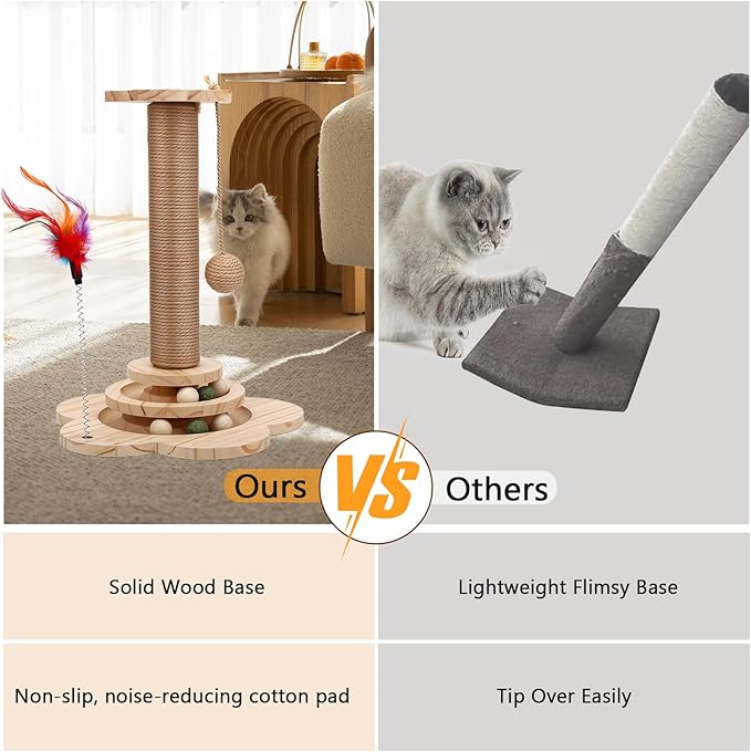 Cat Scratching Post, Cat Tower Scratch Post, Cat Tower with Scratching Post, Wooden Cats Tree with Solid Wood Waterproofing Base Cat Toy and Interactive Ball for Adult Cats & Kittens (Small)