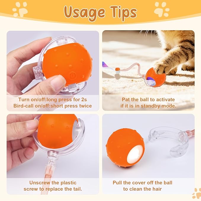Interactive Automatic Cat Toy Ball with Chirping, 2 Tails & 2 Speeds - USB Rechargeable,Motion Activated Self Play Toy with Random Movement for Bored Indoor Cats, Kitten & Adult Cat Entertainment