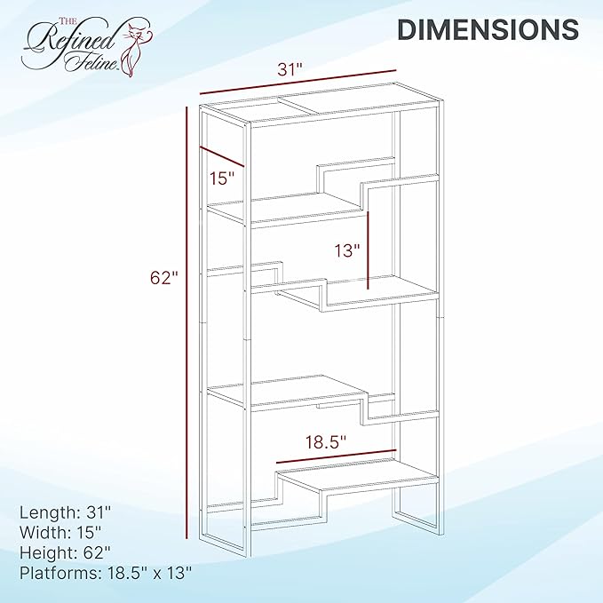 The Refined Feline 62 Inch Tall Metropolitan Cat Condo, White Metal Frame Cat Tower, Multi-Level Modern Cat Tree for Indoor Cats, White Platforms with Gray Replaceable Cushions & Scratching Post