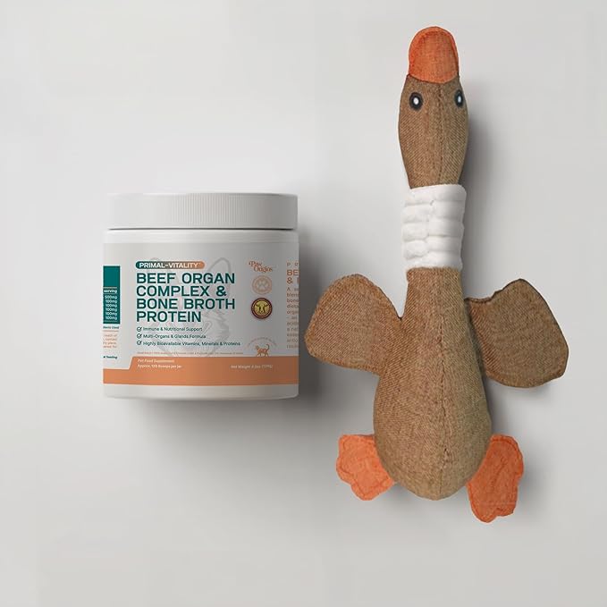 PawOrigins® Primal-Vitality™ Beef Organ Complex with Brown Duck Toy – Grass-Fed, Pasture-Raised Beef Liver, Heart, Kidney, Pancreas, Spleen & Bone Broth Powder for Dogs – Joint & Vitality Support