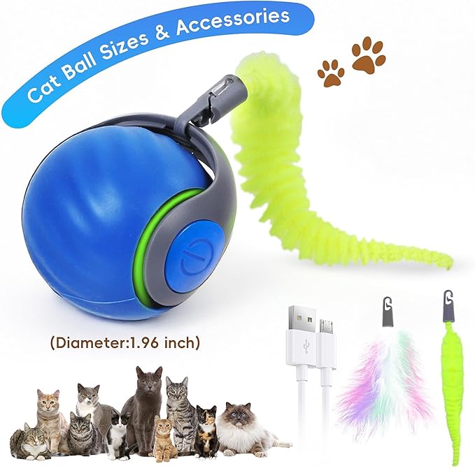 Interactive Cat Toy 2.0, Automatic Moving Cat Toys for Indoor Cats, Electric Rolling Pet Ball with Tail, Two Speed Adjustment, Pet Game Toy (Blue)