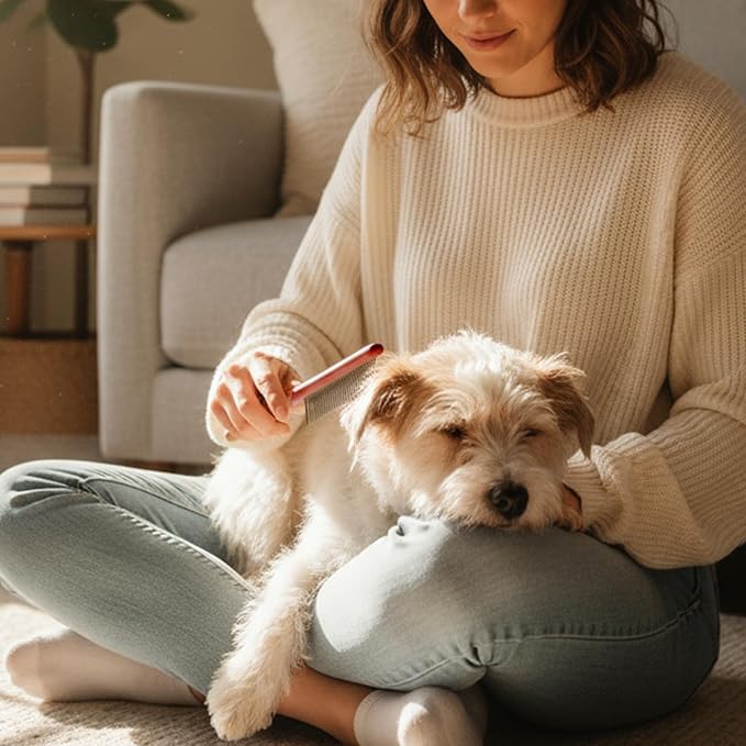 Cat Comb, Rabbit Dog Hair Brush Flea Lice Comb Deshedding Brush with Wood Handle, Fine Wide Teeth Remove Tangles, Shedding Fur Fleas Grooming Tool for Long Short Haired Cats Dogs Puppy Rabbits