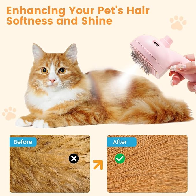 Cat Steam Brush for Shedding with Metal Comb,Deshedding Dog Brush for Long and Short Haired Dogs,Cat Hair Brush for Indoor Cats,Self Cleaning Double Hole Spray USB Rechargeable Grooming Supplies(Pink)