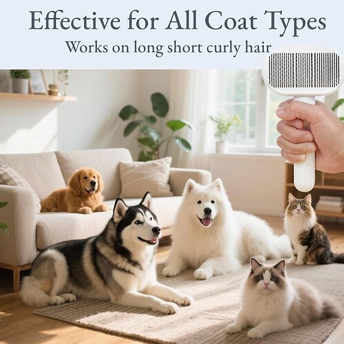 Self-Cleaning Slicker Brush for Dogs & Cats, 3-in-1 Grooming Kit with Detangling Comb & Storage Box, Deshedding Tool for Long Short Hair Pets, Skin-Friendly Brush Prevents Matting & Tangles