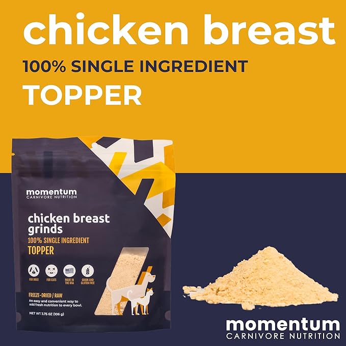 Momentum Carnivore Nutrition Freeze-Dried Chicken Breast Pet Food Topper – Single-Ingredient, All-Natural Topper – High-Protein for Dogs and Cats, Grain-Free and Made in The USA– (3.75 oz Bag)