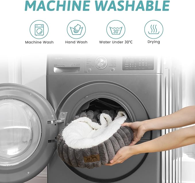 Small Dog Bed with Hooded Blanket, Round Fluffy Anti-Anxiety Pet Bed for Small Dogs & Medium Dogs, Cozy Donut Cuddler with Machine Washable Faux Fur & Anti-Slip Bottom(26"×26"×7",Grey)