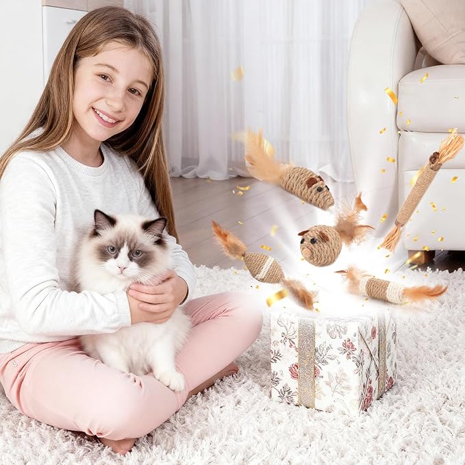 6 Pcs Cat Toy Set - Sisal Rope Mouse Toys with Feather & Rattle + Silvervine Chew Stick, Interactive Hunting & Dental Care Mice Toys for Indoor Kittens & Adult Cats