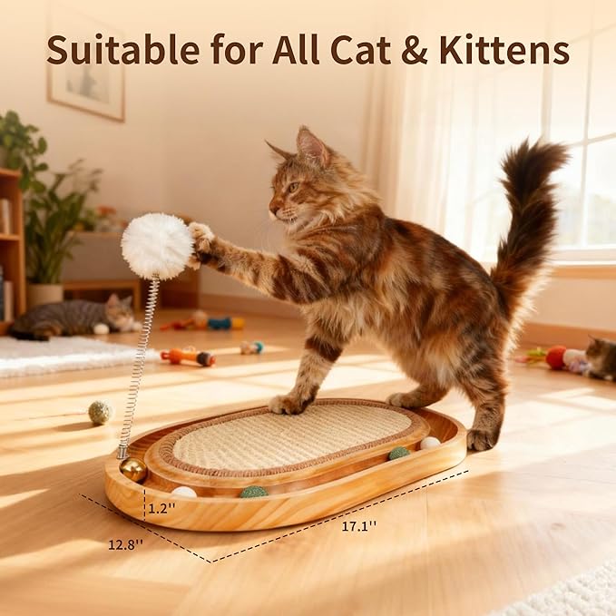 Sisal Cat Scratcher Toy,Cat Natural Sisal Scratching Pad,Wooden Interactive Toy for Indoor Cats with Cat Ball Track