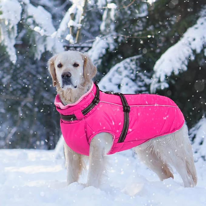 Lelepet Dog Winter Coat Waterproof Dog Jacket with Harness Built in Windproof Reflective Pet Coats for Small Medium Large Dogs, Thermal Fleece Lined Coats for Cold Weather Walking Hiking, Rose Red XXL