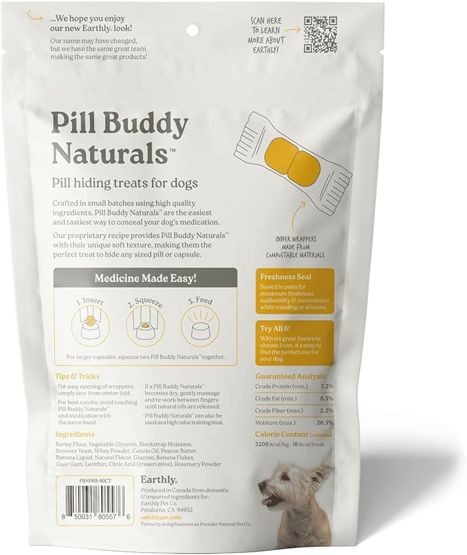 Earthly Pill Buddy Naturals - PB & Banana Recipe Pill Hiding Treats for Dogs - Make A Perfect Pill Concealing Pocket Or Pouch for Any Size Medication - 90 Servings