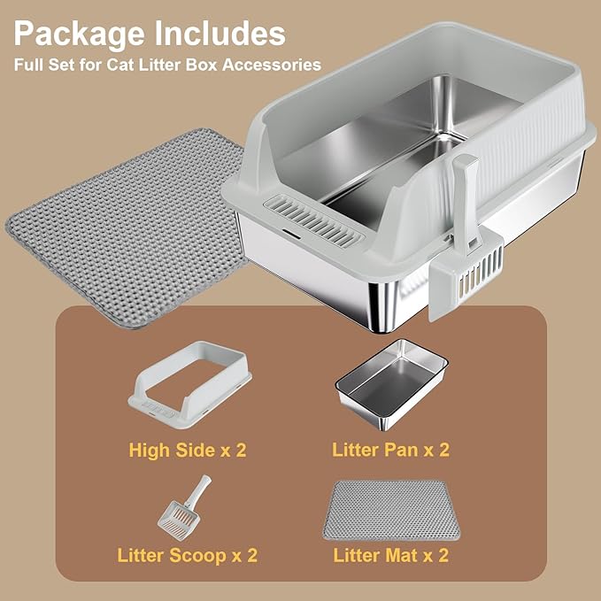 TENTIZON 2 Pack Stainless Steel Cat Litter Box with Lid, Open Top Large Metal Kitty Litter Pan with High Side, Litter Mat, Scoop for Kitten, Multi-Cats Home, Odor Control, Leak Proof, Easy Clean