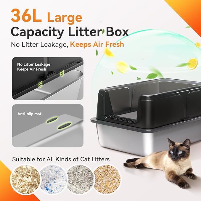 2 Pack Stainless Steel Litter Box, XL Enclosed Cat Litter Boxes, Metal Litter Pan with High Sides Odor Free Non Sticky Easy Cleaning, Black