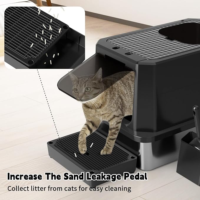 RIZZARI Enclosed Cat Litter Box: All Black Stainless Steel Odorless Cat Box - Top-Entry Design - Large Capacity Leak Proof Litter Pan for Cats - Teflon Non-Stick Coating - for Living Room Bedroom