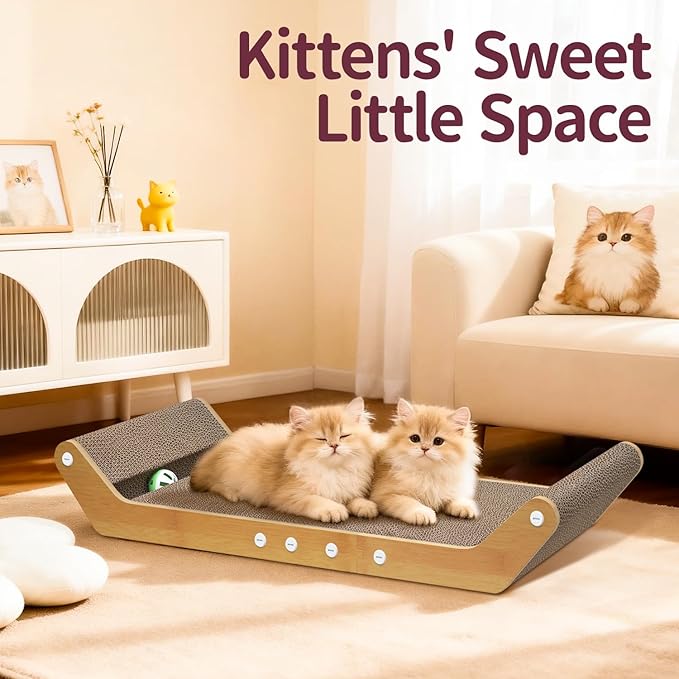 Modern Cat Scratcher Pad Cardboard for Indoor, 23.8" Scratching Lounger Board with Ball Track for Kittens & Large Cats, 3 in 1 Floor Horizontal Bed for Furniture Protection