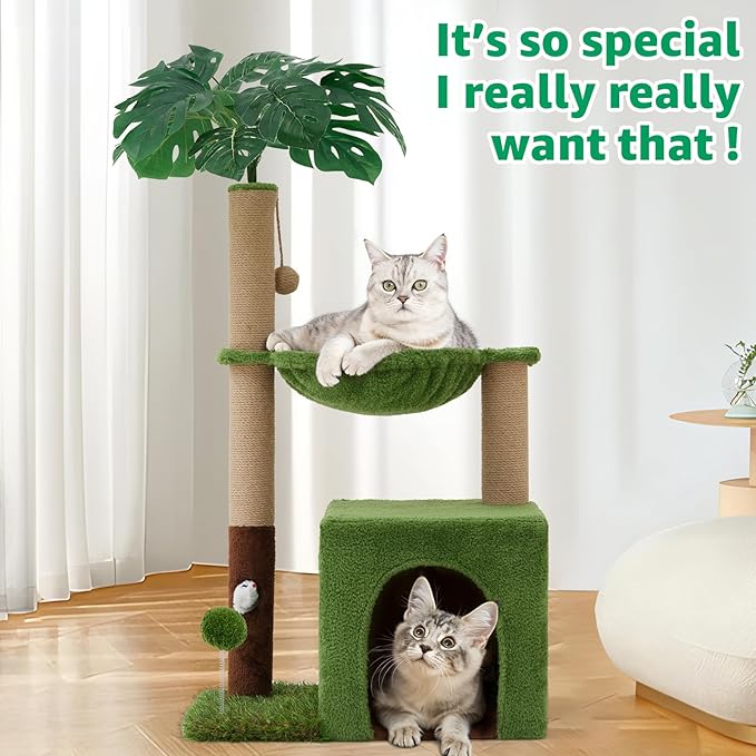 37" Cat Tree Tower for Indoor Cats,2-in-1 Multi-Functional Comfort with Premium Sisal Scratching Post, Cat Cando with Mouse Hole and Plush Toy Ball Large Hammock for Kitty or Small Cats