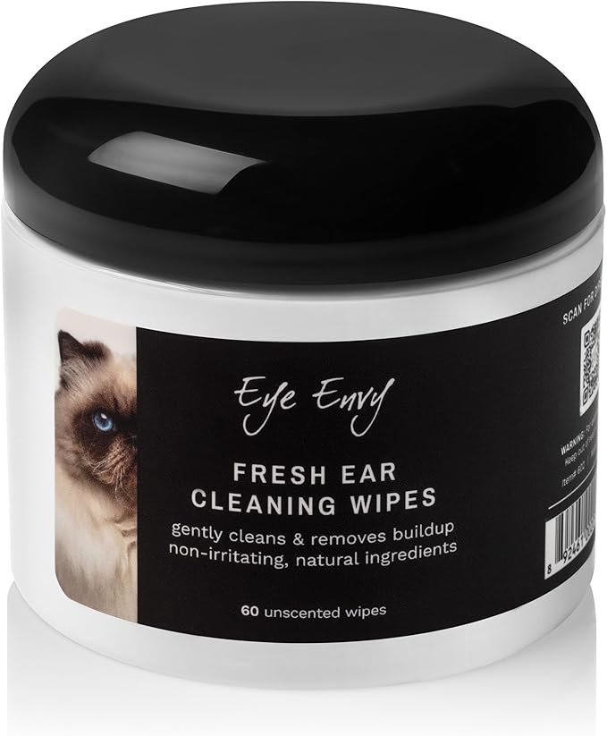 Eye Envy Fresh Ear Cleaning Wipes for Cats. Made in The USA from Natural Ingredients. Unscented. Prevents Infections. Safe and Non-Irritating. Removes Dirt, Debris, and Wax buildup. 60 Count.