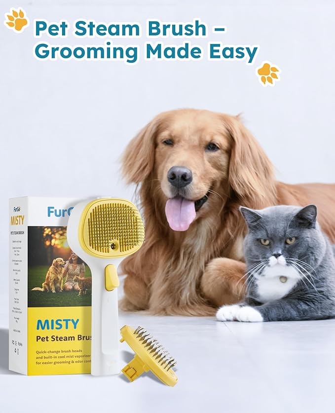 3-in-1 Anti-static Cat Steam Brush & Deshedding Tool - Cat Brush for Long/Short Hair, Reduces 95% Shedding, Easy Clean Grooming Supplies for Pet Owners (Yellow - Short Head)