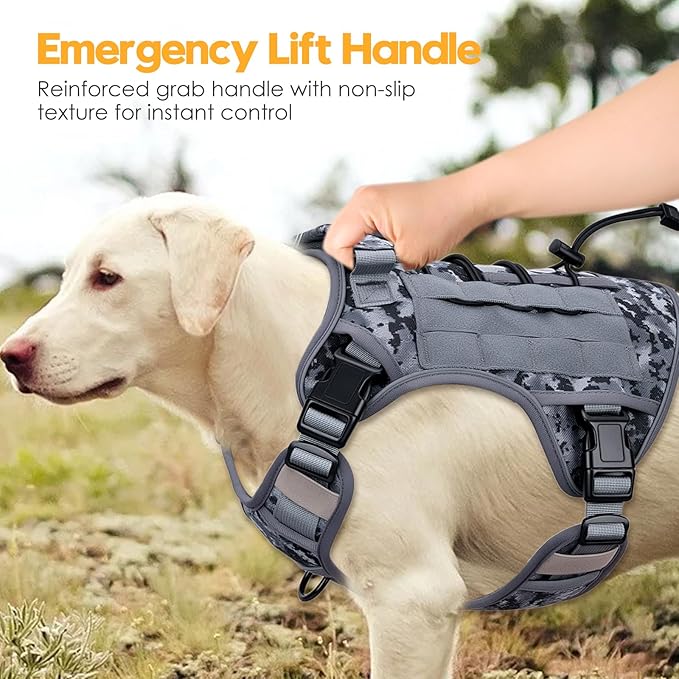 Heavy-Duty Tactical Dog Harness for Large Dogs, No Pull Adjustable Reflective Pet Vest with Molle System, K9 Military-Grade Control for Service Training, Outdoor & 10+ Breeds, Gray Camo, XX-Large