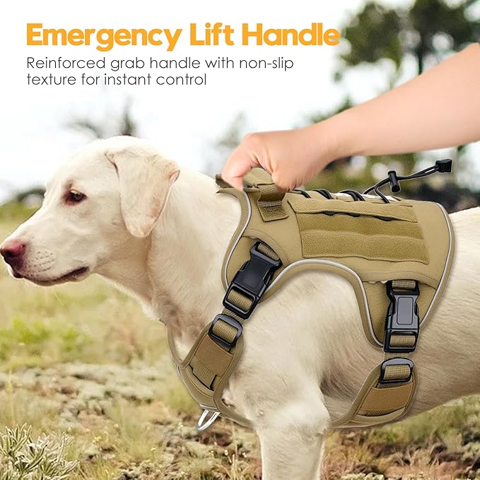 Heavy-Duty Tactical Dog Harness for Large Dogs, No Pull Adjustable Reflective Pet Vest with Molle System, K9 Military-Grade Control for Service Training, Outdoor & 10+ Breeds, Khaki, Large