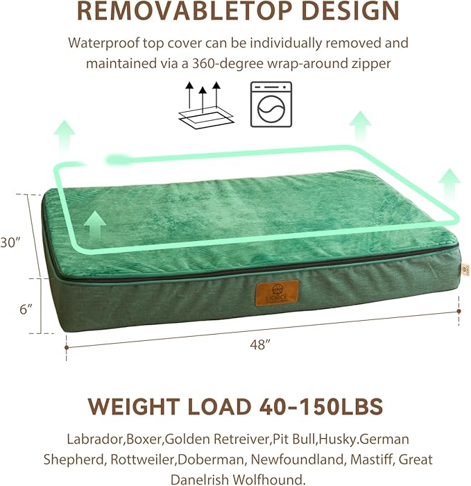 Orthopedic Memory Foam XXL Dog Bed - 6" Thick Beds for Extra Large Sized Dog - Waterproof Removable Washable Cover & Wrap-Around Zipper - Ultimate Comfort & Easy Maintenance, Green