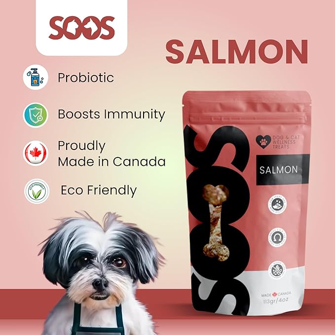 SOOS Natural Salmon Treats for Dogs & Cats - High Protein, Grain Free, Vitamin Minerals, Healthy Training Treats - 113g
