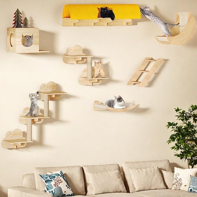 Cat Wall Shelves, 13-in-1 Solid Wood Wall-Mounted Cats Furniture Set with Scratching Post, Cat Climbing Wall Systems with 40''L Tunnel, Steps, Condos, House, Ladder, Cats Shelf Furniture