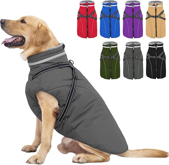 Fragralley Dog Coat with Harness Built in, Waterproof Windproof Reflective Warm Puffer Jacket, Fleece Lined Vest Winter Parka for Small, Medium, Large Dogs