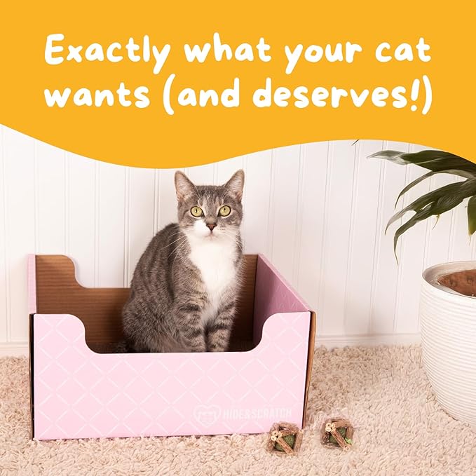 Hide & Scratch Cardboard Cat Scratcher Box & Bed - Light Pink Diamond | Double-Sided Corrugated Pad for Indoor Cats | Refillable Scratching Board Toy for Play & Furniture Protection