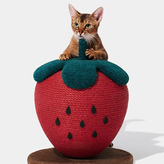 VETRESKA Strawberry Cat Scratching Post, Cute Cat Scratcher with Jute Rope, Vertical Cat Scratch Post for Indoor Cat and Kitten, Ring Paper Strawberry Leaves Attract Cats
