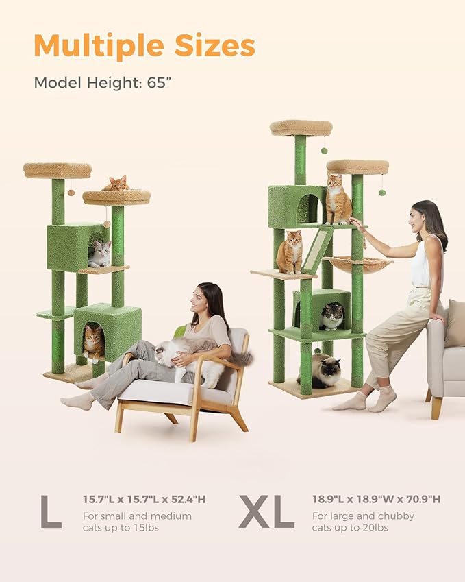 Cactus Cat Tree, 52.4" Cat Tower for Indoor Cats, Cute Cat Tree with 2 Padded Perches, 2 Condos & 2 Scratching Posts, Green