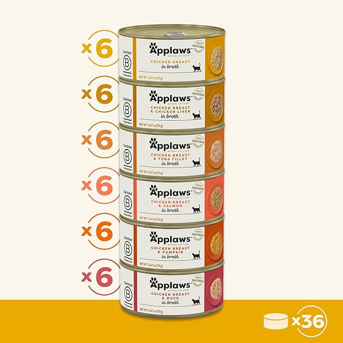 Applaws Natural Wet Canned Cat Food, Limited and Natural Ingreidents, High Protein with No Artificial Additives, Chicken Selection in Broth Cans (36 x 2.47oz Cans)