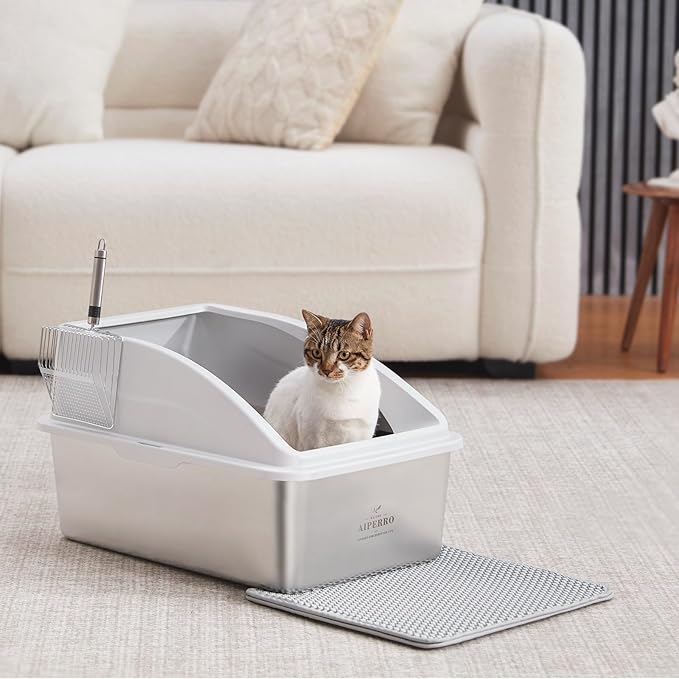 Stainless Steel Litter Box | XXL Deepened 8" Design Enclosed Box with Lid for Big Cats | High Sided, Anti-Urine Leakage | Non-Stick Bottom & Includes Litter Mat & Metal Scoop