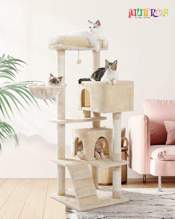 Cat Tree for Large Cats with Super Large Top Perch,56.2" Multi-Level Tower for Indoor Cats with Hammock and Sleeping Bag, Cat Shelves with Scratching Posts and 2 Condos Houses, Beige