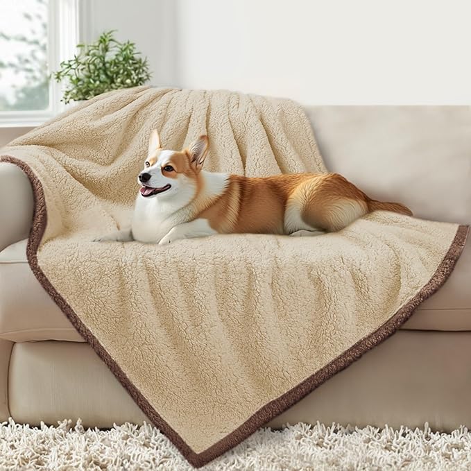 Luciphia Waterproof Pet Blanket for Medium Large Dogs Soft Cat Sherpa Calming Thick Cover Leakproof Cozy Puppy Sofa Bed Car Couch Protector(Beige/Brown,63x50 inches)