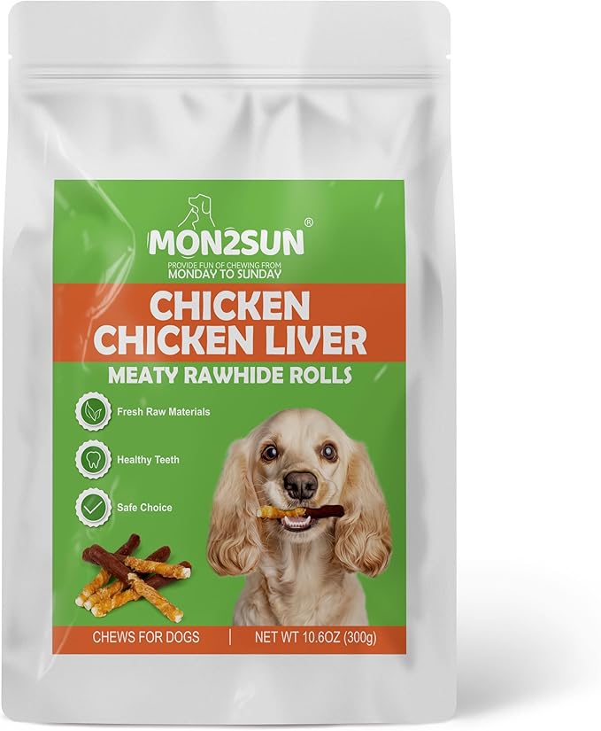 MON2SUN Dog Treats 5 Inch Double Flavor Chicken & Chicken Liver Wrapped Rawhide Sticks, Teeth Cleaning for Small Dogs, 10.6 oz (15 Count)