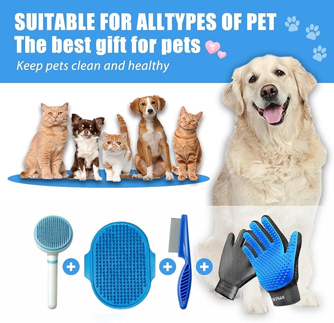 5 Piece Dog Grooming Brush Set with Grooming Gloves, Deshedding Comb & Massage Bath Brush | Dog Shampoo Brush - Multifunctional Pet Hair Removal Tools for Shedding, Bathing, Brushing (Blue)