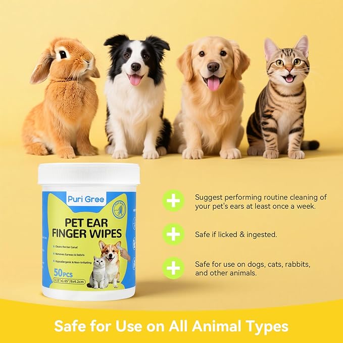 50 Count Ear Cleaner Wipes for Dogs & Cats, Relieves Ear Itching & Inflammation, Removes Ear Wax & Dirt, Treats Ear Infections, Fresh Coconut Scent