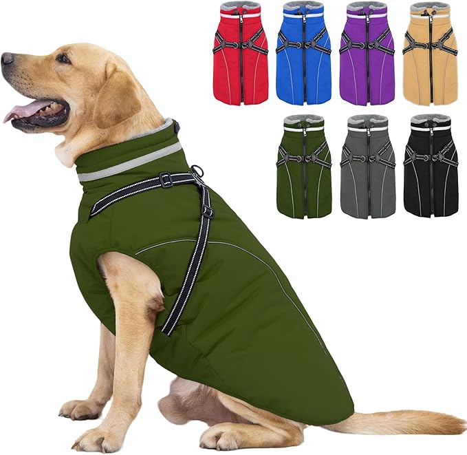 Fragralley Dog Coat with Harness Built in, Waterproof Windproof Reflective Warm Puffer Jacket, Fleece Lined Vest Winter Parka for Small, Medium, Large Dogs