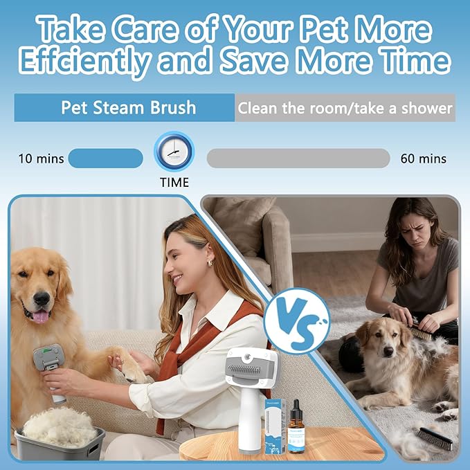 Pet Steam Brush for Dogs & Cats – Self Cleaning, 3 in 1 Hair Removal Comb Steam for Shedding & Dematting for Long & Short Haired Pets,Includes Pet Essence