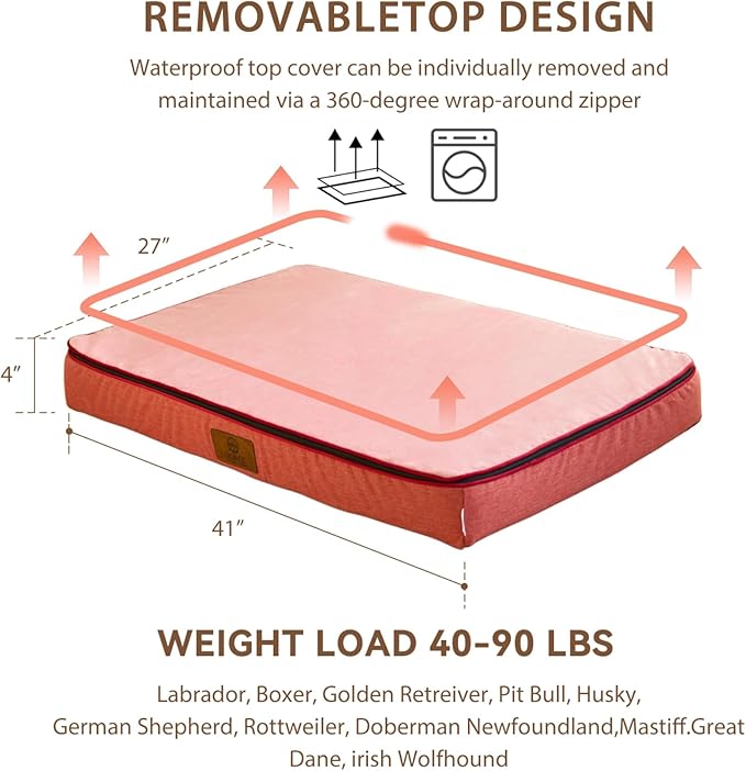 Memory Foam XL Dog Bed - 4” Thick Orthopedic Beds for Extra Large Dogs - Waterproof Dog Bed with Removable Washable Cover & Wrap-Around Zipper - Ultimate Comfort and Easy Maintenance, Pink