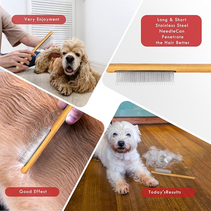 Large Dog Slicker Brush for Shedding & Curly Coat, Long Hair Dogs & Cats, Doodles, Poodles & Goldendoodles, Long Pin Grooming Brush with Wooden Handle, 3 Pcs Comb Set for Mats/Tangles. Red