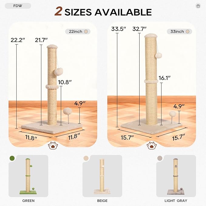FDW 22 Inch Cat Scratching Post Cat Scratcher Natural Sisal Rope Scratch Post Kitten Trees with Hanging Ball for Indoor Cats,Beige