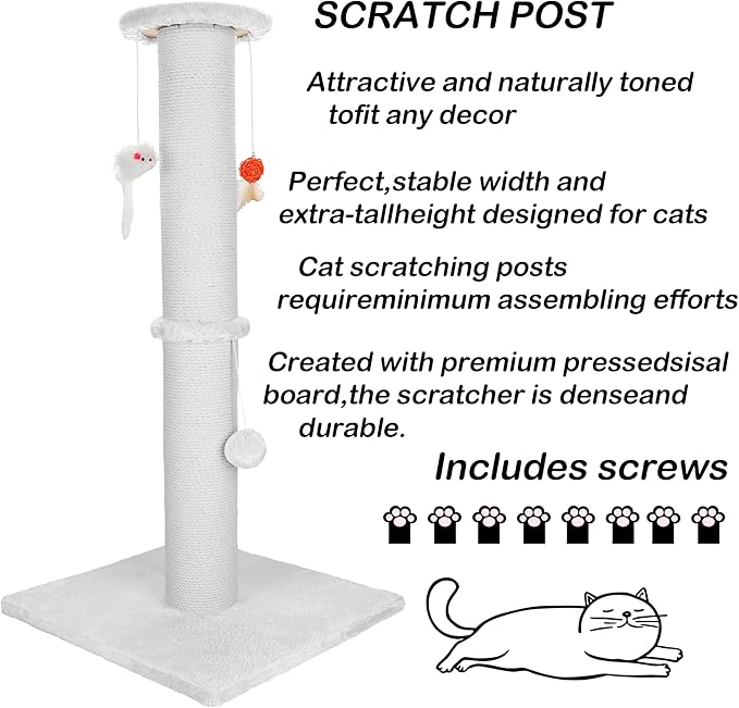 36.5 Inch Cat Scratching Post Heavy Duty Cat Scratch Post Handcrafted Rope with Hanging Toys for Ultimate Cat Fun(White)