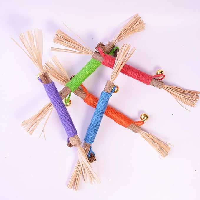 Natural Dried Matatabi Cat Chew Stick with Gall Fruit, Raffia Grass & Bell Cat Ball Toys, Handmade Silvervine Sticks Interactive Catnip Toy for Teething & Entertainment (Size M Color B)