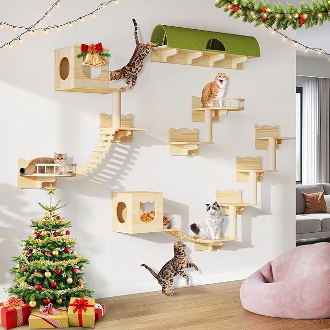 Cat Wall Shelves, 18-in-1 Solid Wood Wall-Mounted Cats Furniture Set with Scratching Post, Cat Climbing Wall Systems with 40''L Tunnel, Step, Condo, House, Bridge Ladder, Cats Shelf Furniture