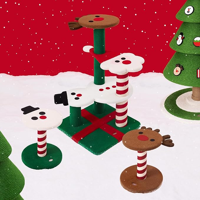 VETRESKA 18.1" Snowman Cat Scratching Post, Two-Layer Soft Plush Platforms, Space-Saving Kitten Christmas Cat Scratcher & Rest Furniture, Holiday Decoration