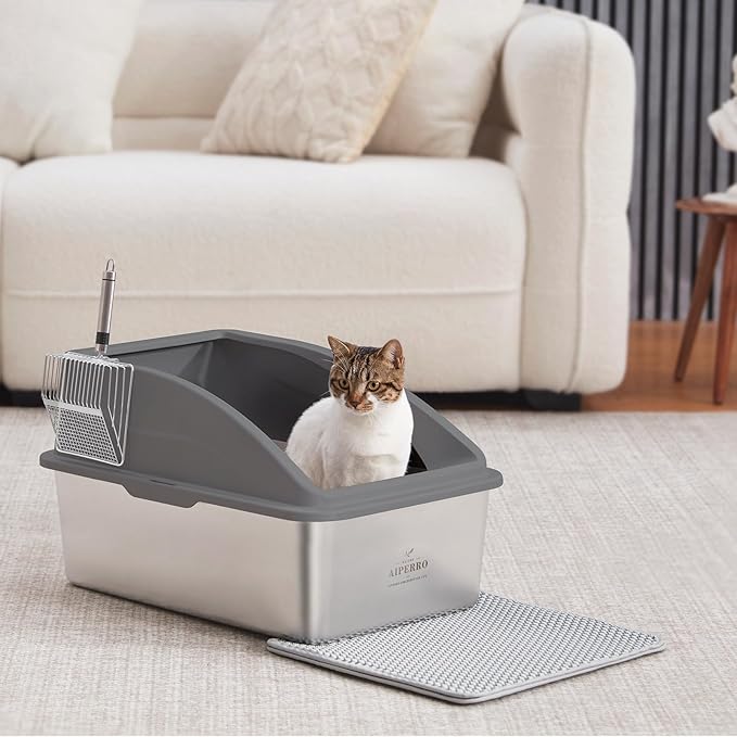 Stainless Steel Litter Box | XXL Deepened 8" Design Enclosed Box with Lid for Big Cats | High Sided, Anti-Urine Leakage | Non-Stick Bottom & Includes Litter Mat & Metal Scoop
